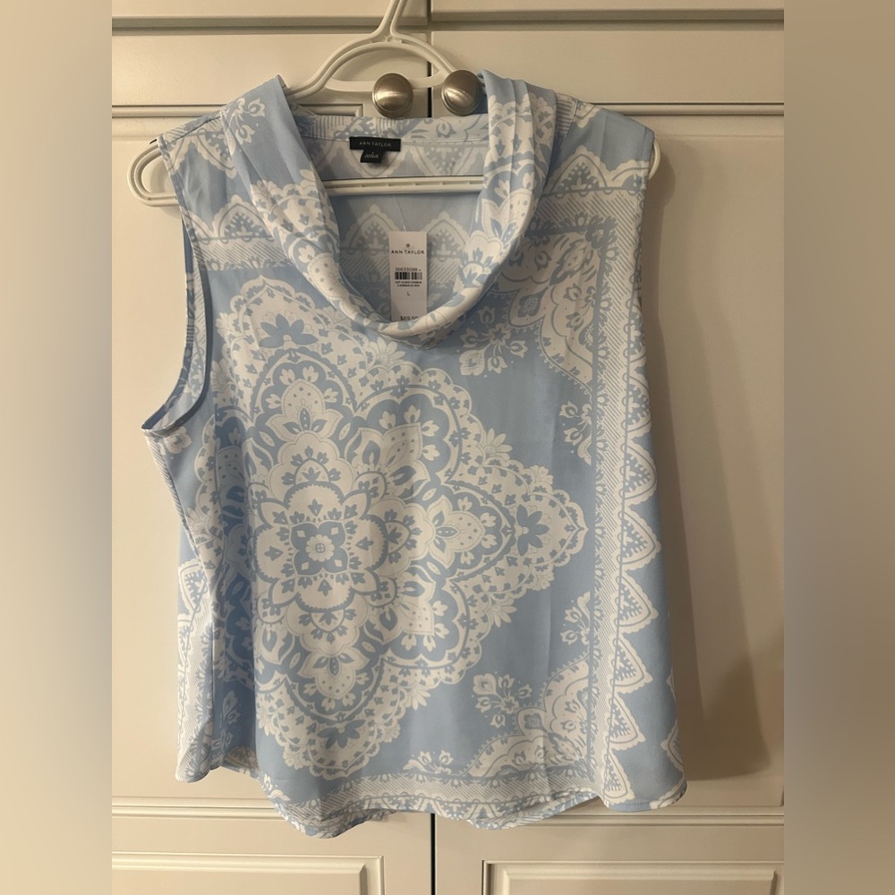 New! Ann Taylor sleeveless cowl. Light blue/ white tile print.Size L
